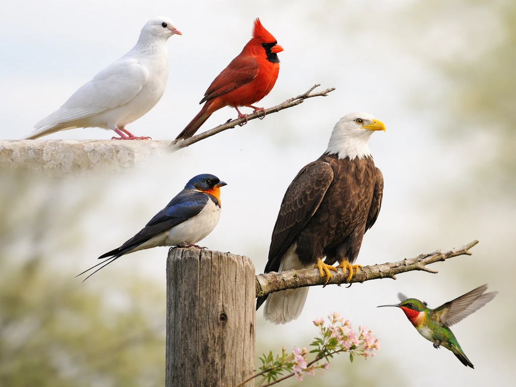 Minimal lineup of a white dove, red cardinal, eagle, swallow, and hummingbird perched against a soft sky