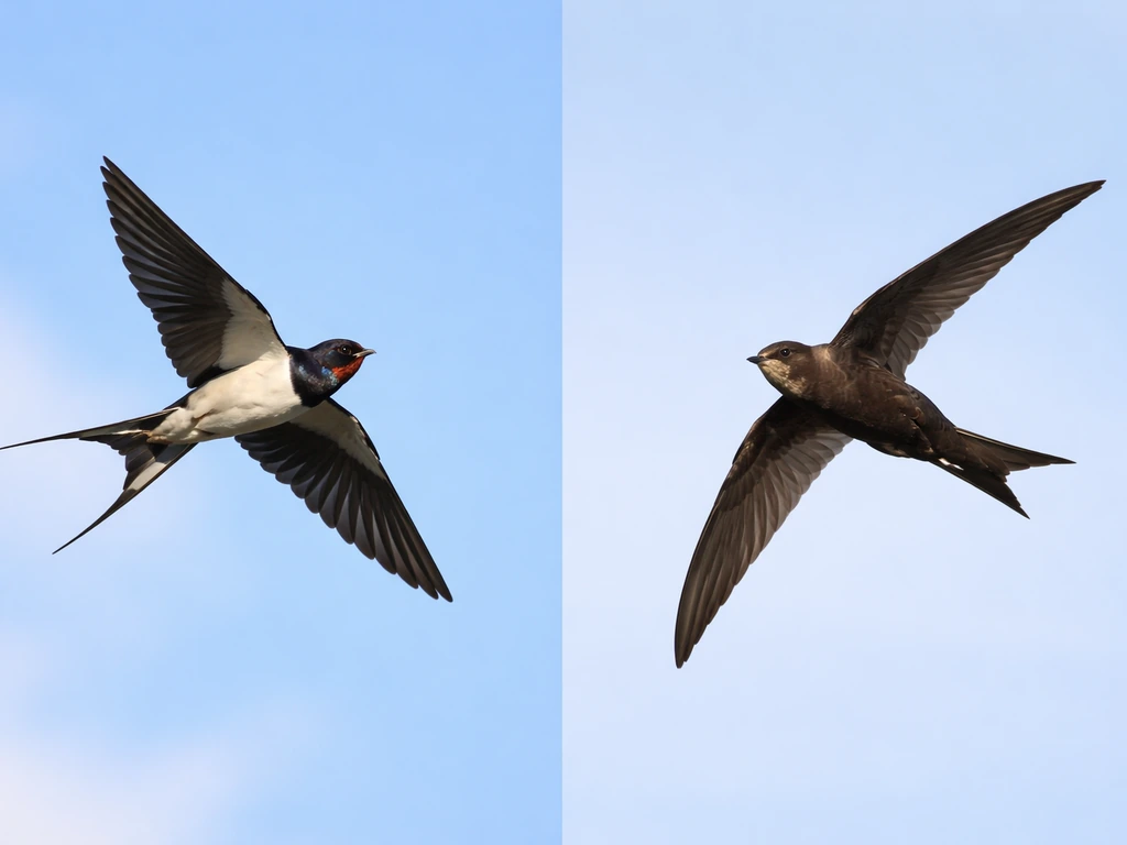 Two small birds in flight side-by-side: a swallow with a forked tail and a swift with a shorter tail.