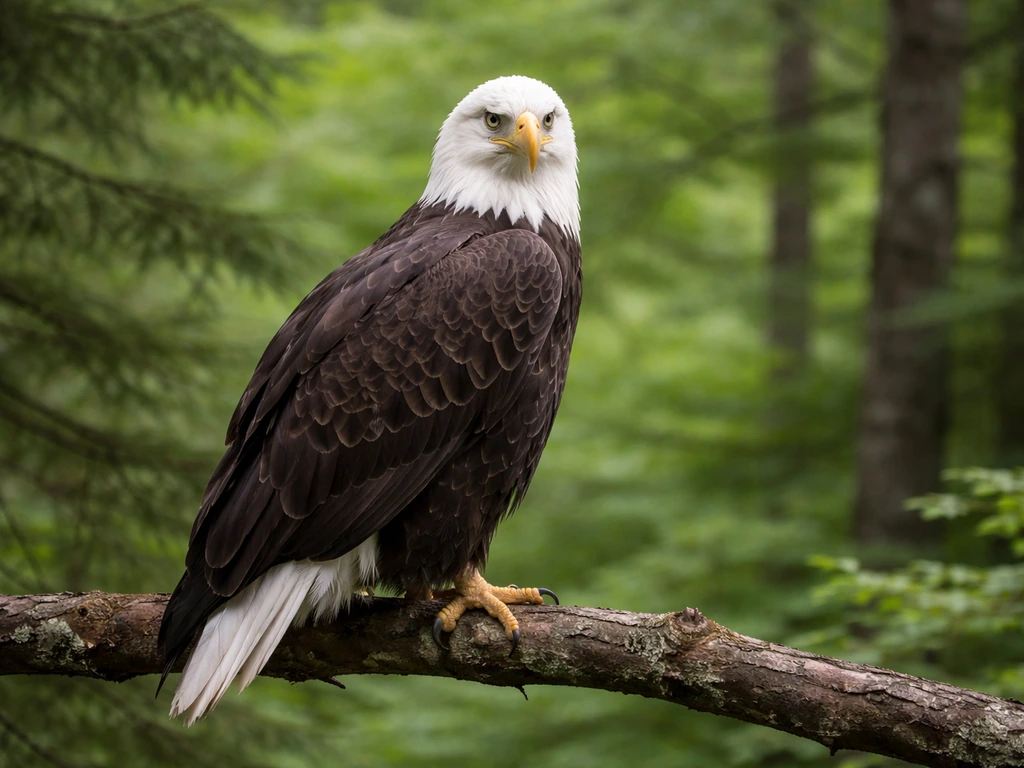 A bald eagle perched prominently, showing its white head and tail against dark forest background.