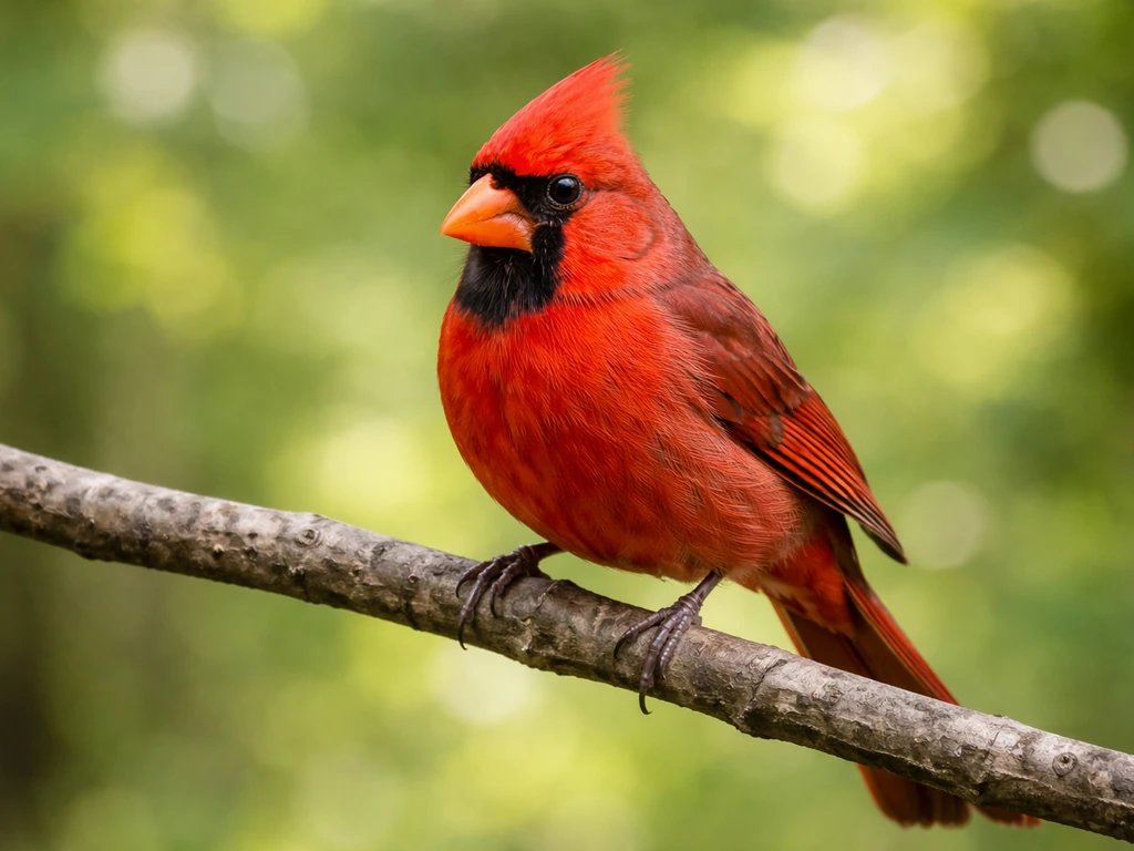 Colorful red cardinal feathers in close-up with a softly blurred outdoor branch background