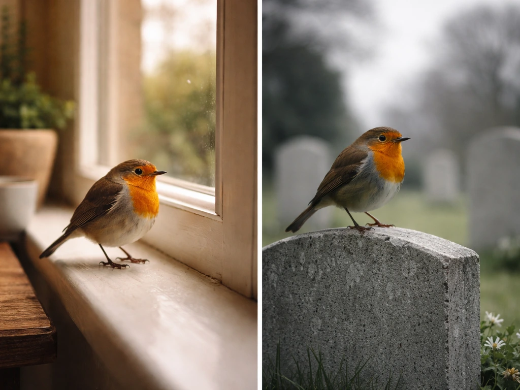 Split image: bird on a home windowsill for comfort vs bird by a gravestone for grief.