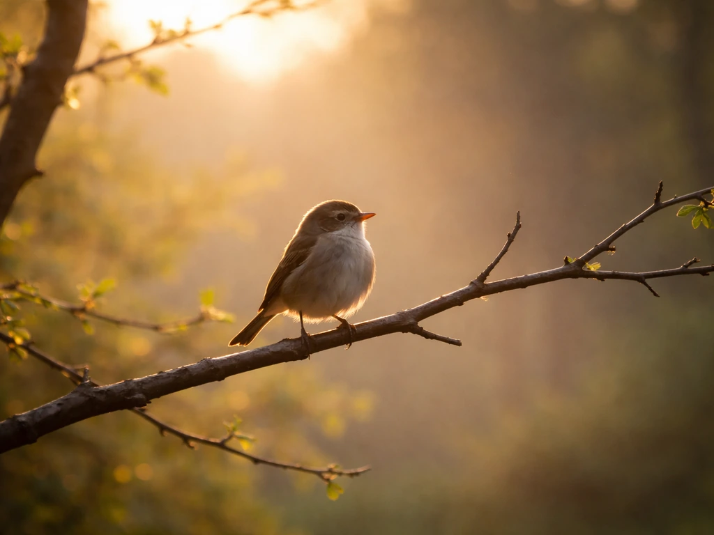 A lone bird perched on a branch in warm morning light, calm and hopeful omen mood.