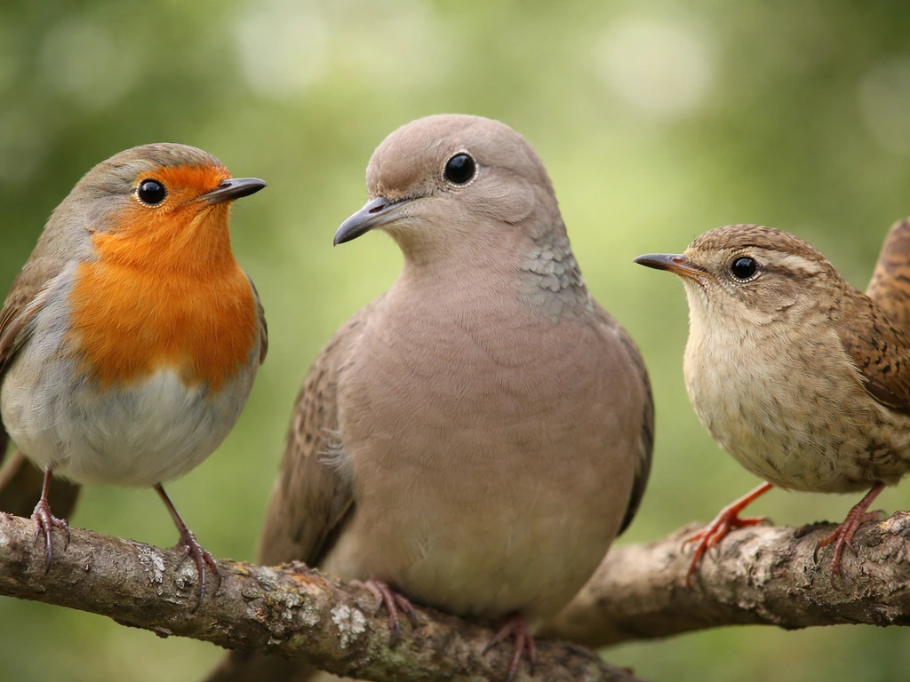 Close-up of three small birds—robin, dove, and wren—on branches with visible beak and coloring differences.