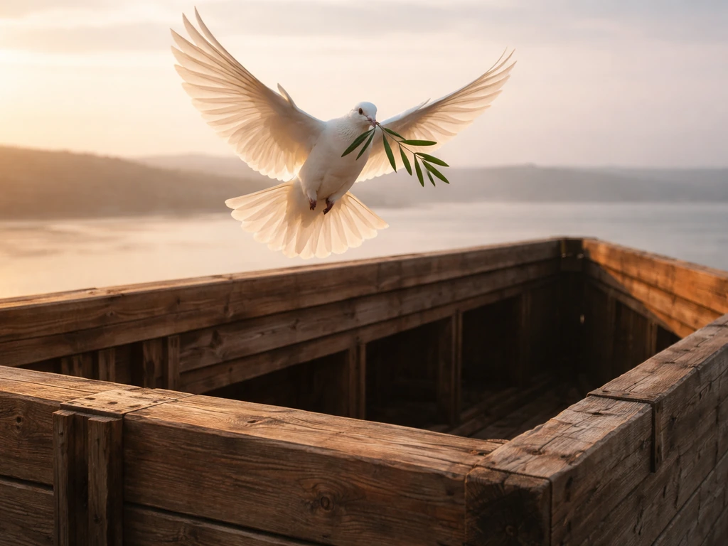 A white dove with an olive branch flies above Noah’s ark at sunrise.
