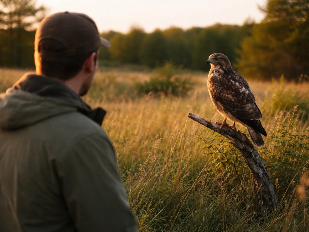 A person respectfully watching a prominent bird in a quiet natural landscape at golden hour.