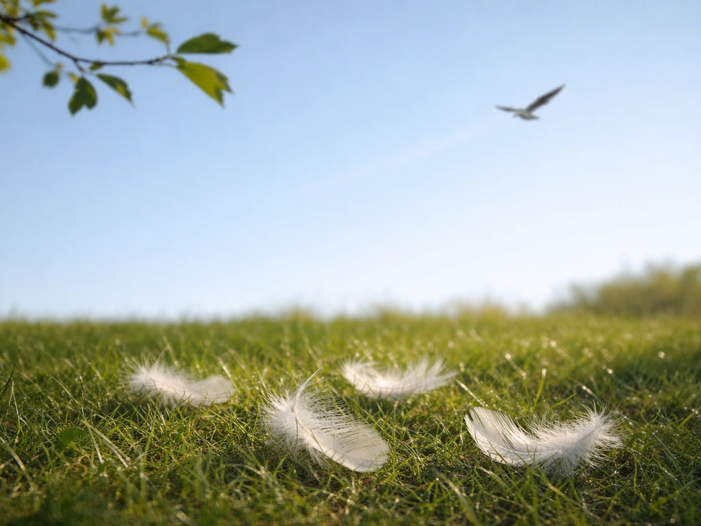 Loose feathers on grass with a distant bird gliding across a clear sky.